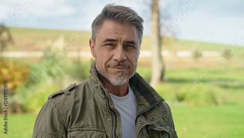 Confident mature farmer standing in ranch wearing casual jacket, smiling on sunny day in countryside. Portrait of mid adult handsome senior man with grey hair looking at camera, smiling.