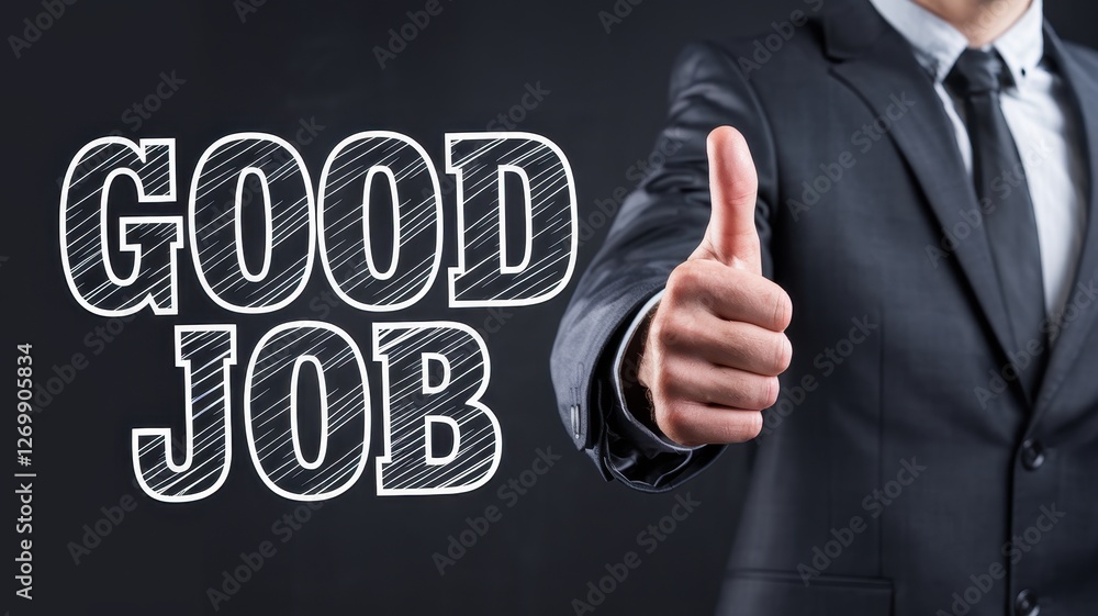 Man in suit gives thumbs up next to good job text Man in suit gives thumbs up next to good job text