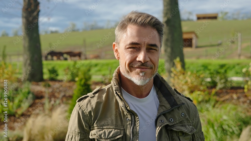 Portrait of happy mature farmer smiling in ranch with horses. Rural lifestyle and countryside, successful agricultural business. Confident man with grey hair standing on land with pride. Portrait of happy mature farmer smiling in ranch with horses. Rural lifestyle and countryside, successful agricultural business. Confident man with grey hair standing on land with pride.