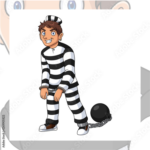 funny cartoon prisoner handcuffed and chained with iron shackles