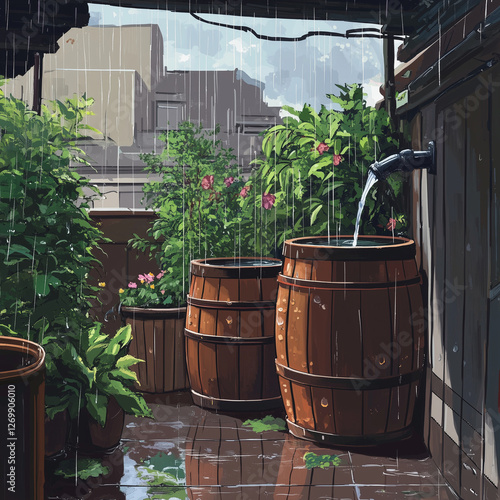 A series of rainwater collection barrels on a rooftop, with water flowing from the downspout, surrounded by potted plants and green foliage, capturing the rainstorm atmosphere. photo