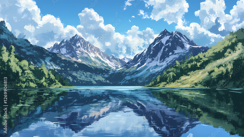 Calm lake nestled among majestic mountains; serene waters mirror the azure sky and towering peaks in a picturesque outdoor scene. Mirrored Infinity Towers. Illustration Calm lake nestled among majestic mountains; serene waters mirror the azure sky and towering peaks in a picturesque outdoor scene. Mirrored Infinity Towers. Illustration