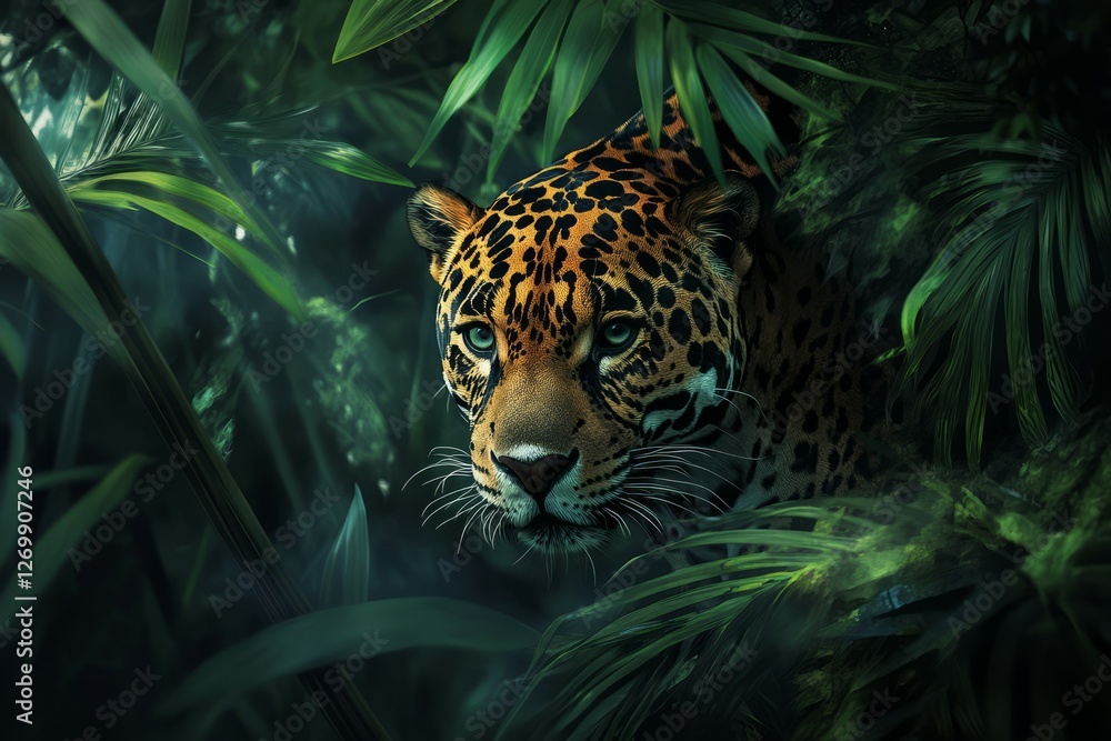 Jaguar amid lush foliage observed from front. Neural network AI generated Jaguar amid lush foliage observed from front. Neural network AI generated