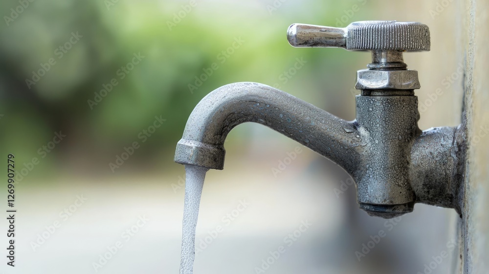 Exterior water faucet with flowing water, out-of-focus background Exterior water faucet with flowing water, out-of-focus background