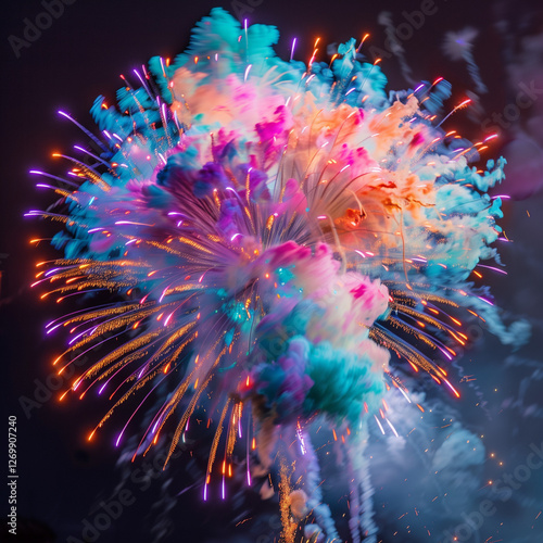 A spectacular and vibrant image of a fireworks display lighting up the night sky. Capture the burst of colors, the trails of light, and the sense of wonder and celebration. The background should be a  photo