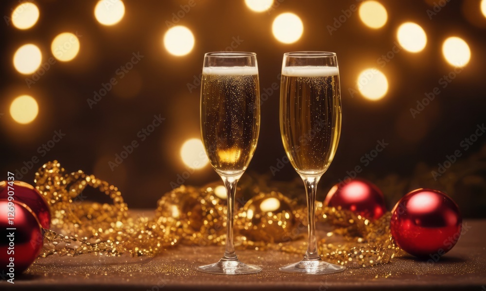 Two elegant champagne flutes filled with bubbly, golden champagne, surrounded by festive decorations for a celebration. Two elegant champagne flutes filled with bubbly, golden champagne, surrounded by festive decorations for a celebration.