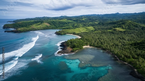 Aerial View of a Tropical Island Paradise: Lush Coastline, Serene Ocean, and Pristine Beaches