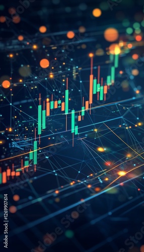 Financial Data Candle Sticks Chart, Green, Yellow, and Orange on Dark Blue, Vector Illustration