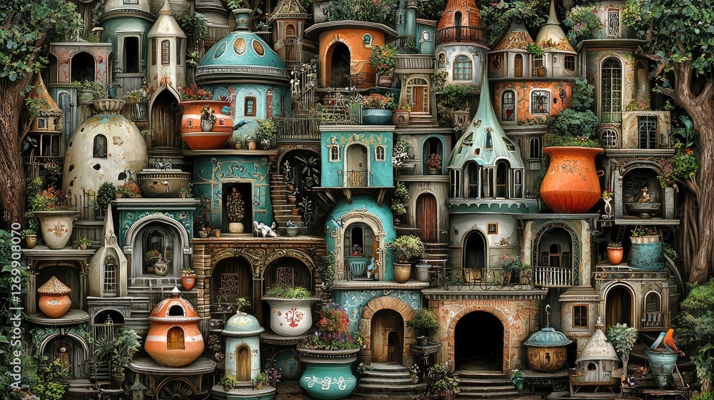 Naklejka premium Miniature fairy tale city, whimsical houses, lush green trees, art piece