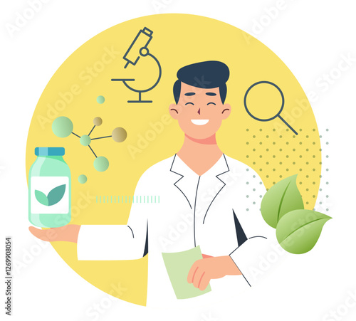 Pharmacist with Plant Based Pharmacy Drug Formulation - Stock Illustration