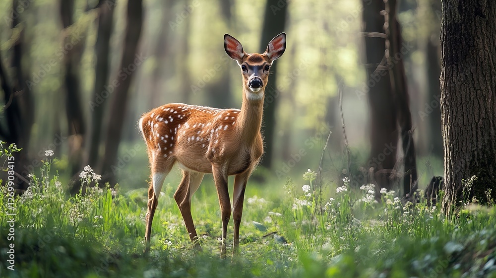 Graceful roe deer standing in a tranquil forest, surrounded by lush trees and soft natural light. Perfect for wildlife, nature, and outdoor-themed content. Graceful roe deer standing in a tranquil forest, surrounded by lush trees and soft natural light. Perfect for wildlife, nature, and outdoor-themed content.