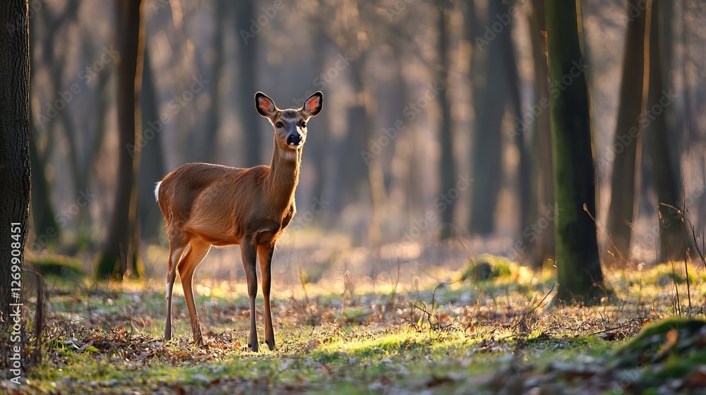 Graceful roe deer standing in a tranquil forest, surrounded by lush trees and soft natural light. Perfect for wildlife, nature, and outdoor-themed content. Graceful roe deer standing in a tranquil forest, surrounded by lush trees and soft natural light. Perfect for wildlife, nature, and outdoor-themed content.