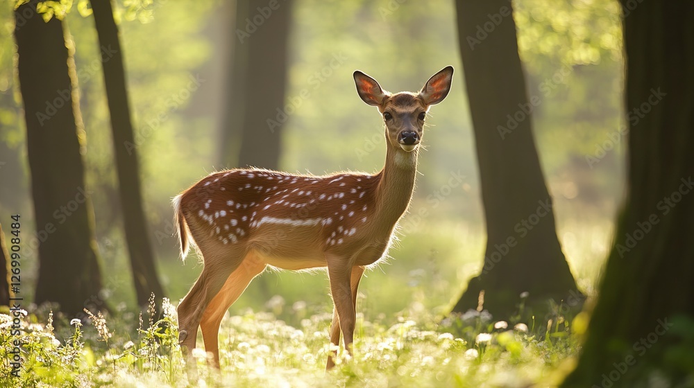 Graceful roe deer standing in a tranquil forest, surrounded by lush trees and soft natural light. Perfect for wildlife, nature, and outdoor-themed content.