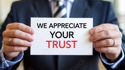 Businessman holding a sign expressing gratitude for trust