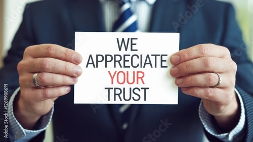 Businessman holds a card expressing appreciation for customer trust