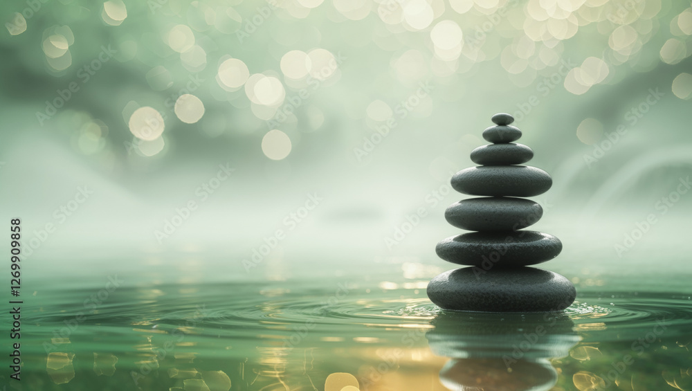 Balance and harmony displayed by stacked stones in tranquil water, surrounded by lush bamboo and gentle reflections of nature at dawn Balance and harmony displayed by stacked stones in tranquil water, surrounded by lush bamboo and gentle reflections of nature at dawn