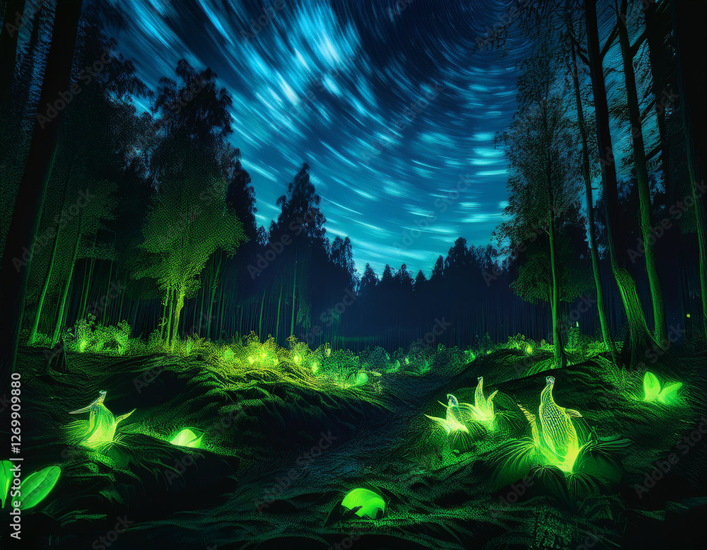 Fototapeta premium A night vision image showing the glowing eyes of nocturnal animals in a forest.
