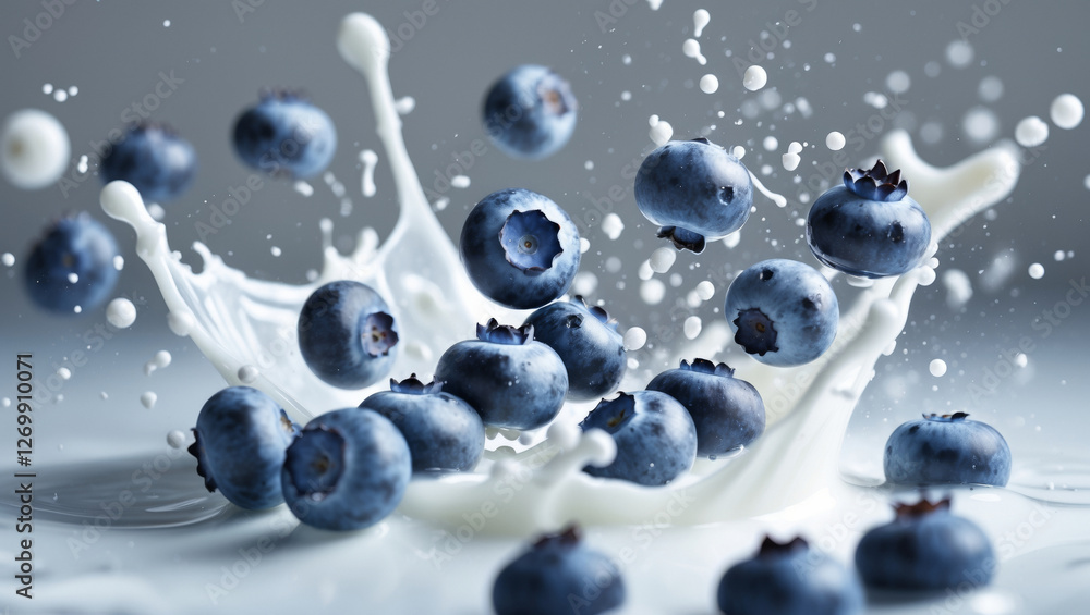 Floating blueberries create dynamic splashes in milk, showcasing the freshness of healthy fruit Floating blueberries create dynamic splashes in milk, showcasing the freshness of healthy fruit
