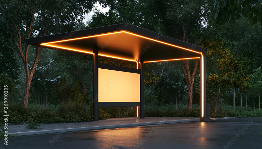 Modern bus stop with illuminated billboard in scenic urban park setting at dusk Modern bus stop with illuminated billboard in scenic urban park setting at dusk