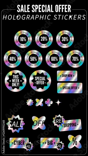 Set of holographic special offer stickers for e-commerce. 