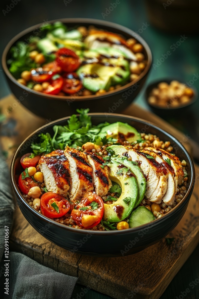 Nutritious lunch bowls with high protein content, featuring vegan and chicken choices Nutritious lunch bowls with high protein content, featuring vegan and chicken choices