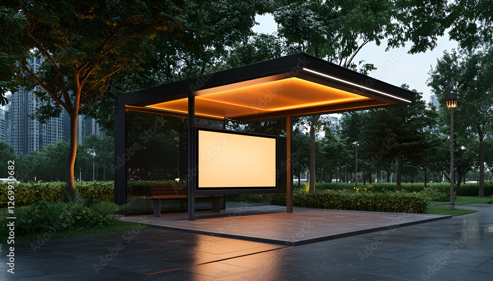 Modern bus stop with illuminated billboard in scenic urban park setting at dusk Modern bus stop with illuminated billboard in scenic urban park setting at dusk