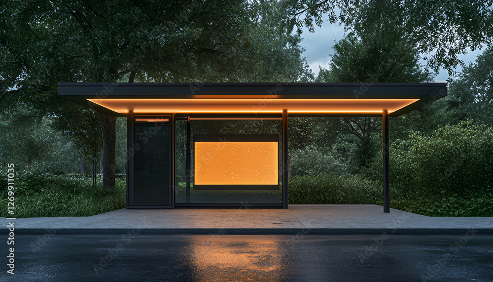 Modern bus stop with illuminated billboard in scenic urban park setting at dusk Modern bus stop with illuminated billboard in scenic urban park setting at dusk
