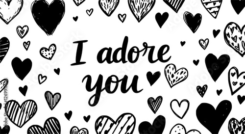 Transparent PNG available
Crayon drawn linear and silhouette hearts collection. Romantic phrase I adore you. Modern pencil calligraphy and cute childish hearts. Vector design elements for cards, notes
