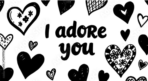 Transparent PNG available
Crayon drawn linear and silhouette hearts collection. Romantic phrase I adore you. Modern pencil calligraphy and cute childish hearts. Vector design elements for cards, notes