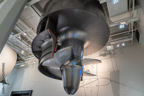 The inclined and adjustable blades seen in the Kaplan turbine convert the kinetic energy of water into rotational motion in the turbine.