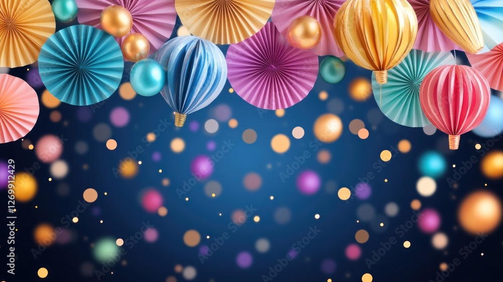Naklejka premium Festive decoration with colorful paper fans and balloons hanging above