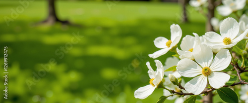 Beautiful white dogwood flowers blooming vibrantly in lush green grass, evoking a sense of renewal and joy, celebrating the arrival of spring with sunny warmth in a serene garden setting