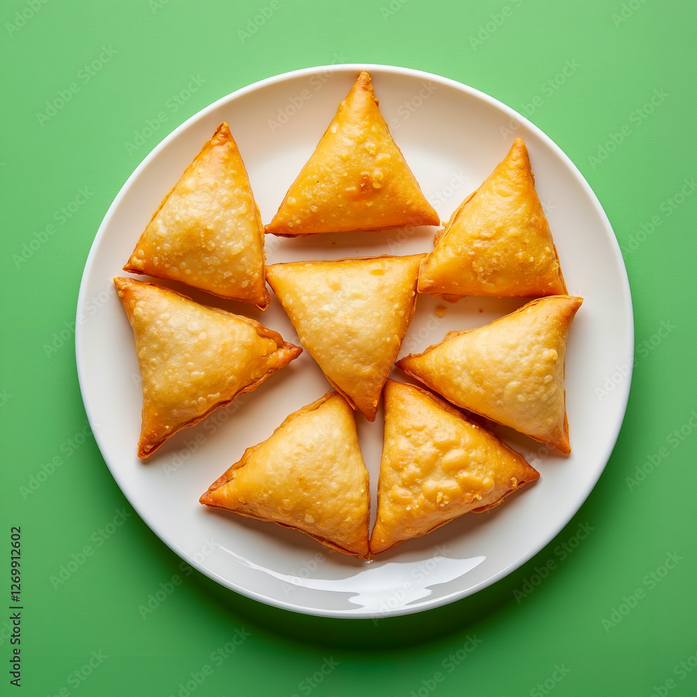 A white plate topped with six triangles of samosas on a green background A white plate topped with six triangles of samosas on a green background