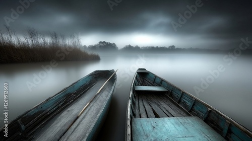 Foggy lake, two wooden boats, reeds, dramatic sky photo