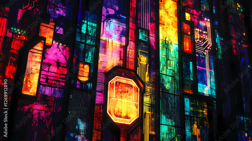Illuminated connection: glitchy neon circuit board stained glass cinematic artwork. Electric Stained Glass. Illustration Illuminated connection: glitchy neon circuit board stained glass cinematic artwork. Electric Stained Glass. Illustration