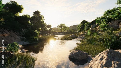 Serene River Valley at Sunrise: A Picturesque Landscape Painting