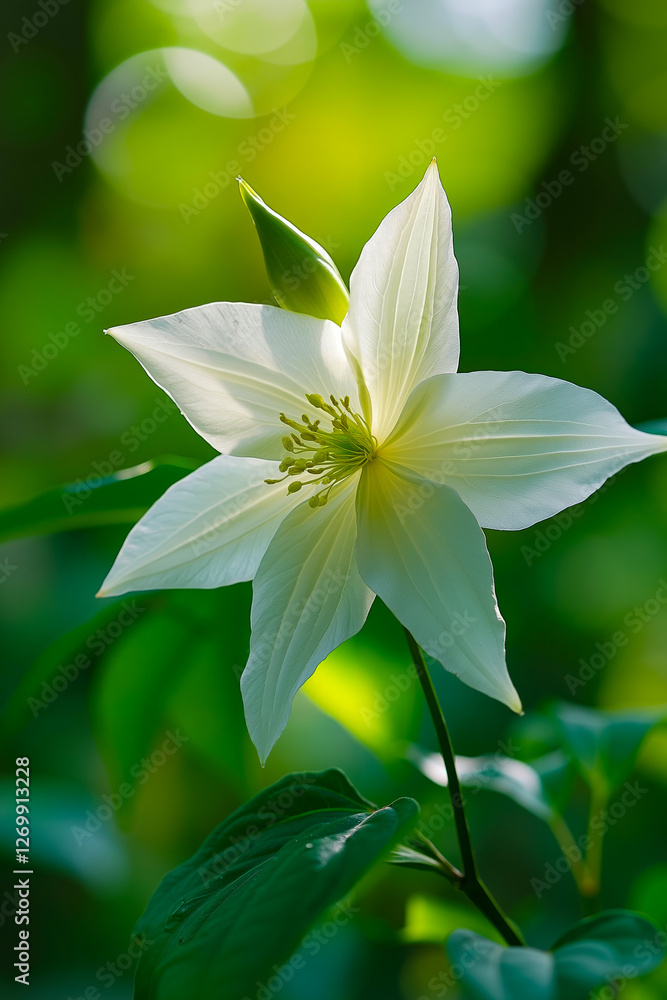 A white flower with green leaves in the background
