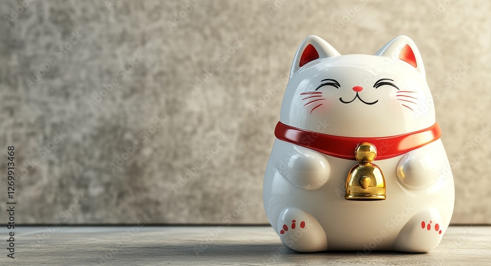 The illustration features a white Maneki-neko, a traditional Japanese symbol of good luck, with a smiling face, a golden bell in its hand, and a red collar around its neck, embodying fortune and The illustration features a white Maneki-neko, a traditional Japanese symbol of good luck, with a smiling face, a golden bell in its hand, and a red collar around its neck, embodying fortune and