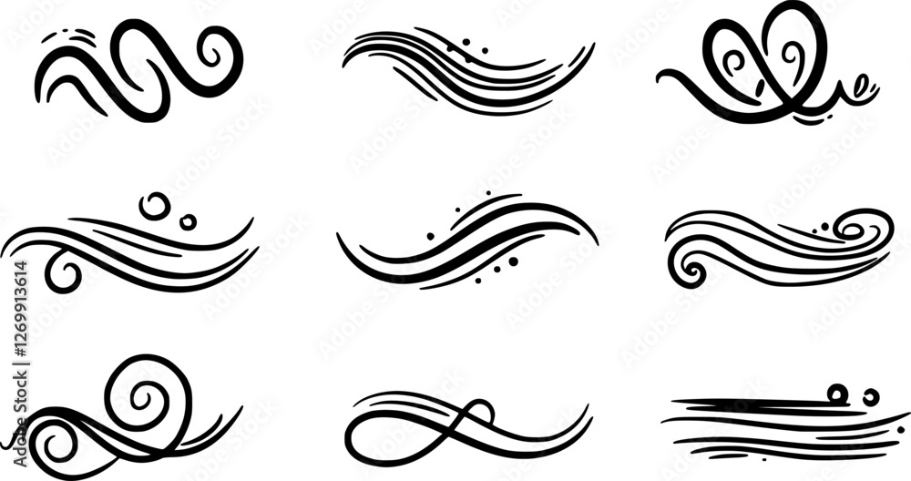Fototapeta premium Doodle style sketchy brackets or underline parenthesis. Hand drawn crayon horizontal wavy strokes collection for notes. Scratchy lines with rough edges and loops. Doodle vector graphic elements
