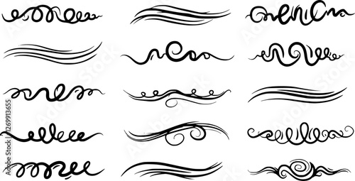 Doodle style sketchy brackets or underline parenthesis. Hand drawn crayon horizontal wavy strokes collection for notes. Scratchy lines with rough edges and loops. Doodle vector graphic elements