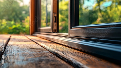The image showcases a black aluminum window frame with double-glazed glass in close-up detail, emphasizing the sharp, precise lines that define modern architecture