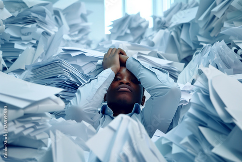 Overwhelmed person buried under piles of paperwork, expressing stress.