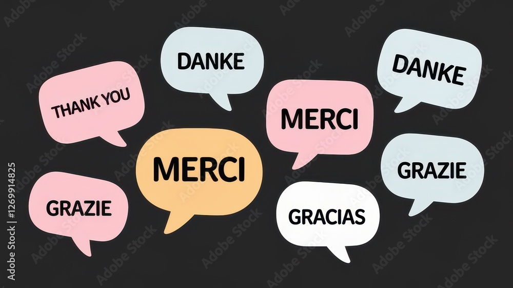 Speech bubbles showing thank you in several different languages Speech bubbles showing thank you in several different languages