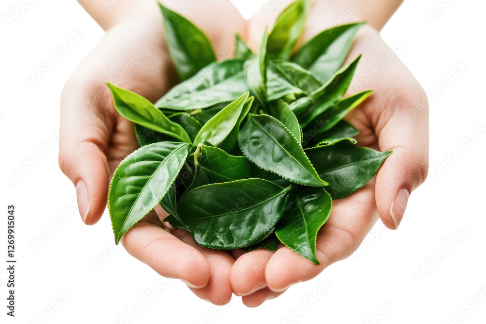 Hands cradling fresh green tea leaves harvested in a serene garden setting isolated on transparent background Hands cradling fresh green tea leaves harvested in a serene garden setting isolated on transparent background