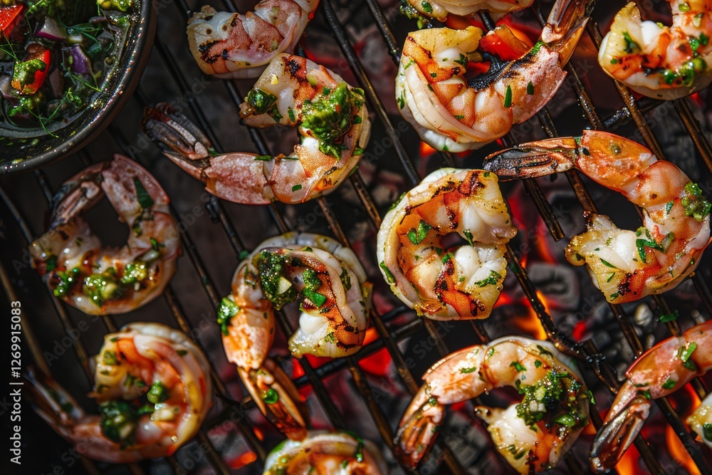 Grilled shrimp skewers with herbs on barbecue grill. Neural network AI generated Grilled shrimp skewers with herbs on barbecue grill. Neural network AI generated