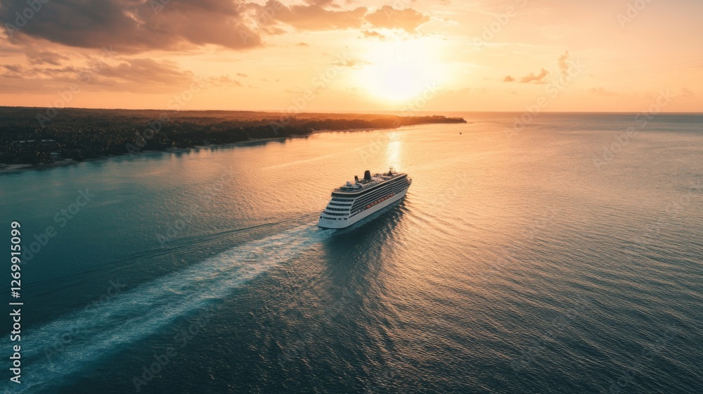 Aerial view of cruise ship at sunset over tropical waters Aerial view of cruise ship at sunset over tropical waters