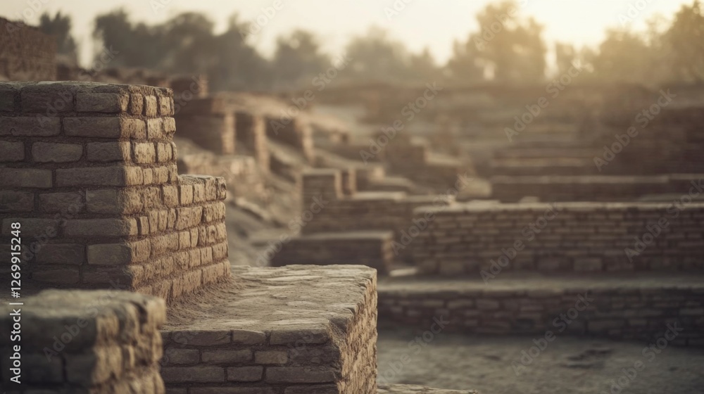 Ancient brick structures in a historical site, sunlight, historical remains Ancient brick structures in a historical site, sunlight, historical remains