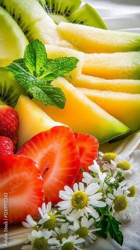 A Colorful Display of Fresh Fruits and Flowers