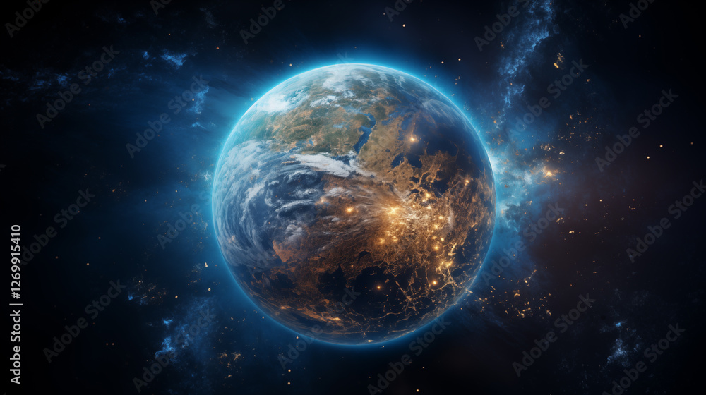 Fototapeta premium Planet Earth with detailed relief and atmosphere. Blue space background with earth and galaxy.