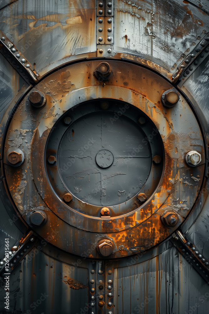 Fototapeta premium Close-up of a rusty, industrial metal surface with bolts and rivets.